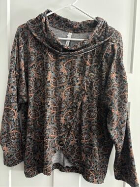 Collection B Paisley Button-Front Cowl Neck Sweater - Black, Brown, Teal